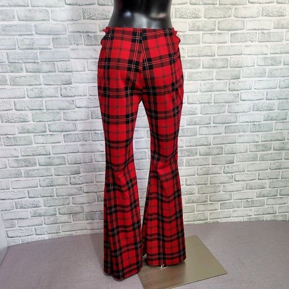 Just Polly Womens L Red Buffalo Plaid Cutout Hip Flare Leg Trendy Pants - Picture 6 of 8